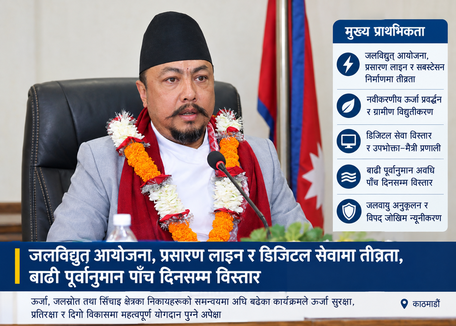 उर्जामन्त्री श्रेष्ठको ६ महिने उपलब्धी: जलविद्युत् आयोजना, प्रसारण लाइन र डिजिटल सेवामा तीव्रता, बाढी पूर्वानुमान पाँच दिनसम्म विस्तार